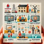 DALL·E 2024-10-21 17.03.30 - An informative graphic focused on Vodafone services in Spain. The design should prominently feature three key services_ 'Mobile', 'Fiber', and 'TV'. E